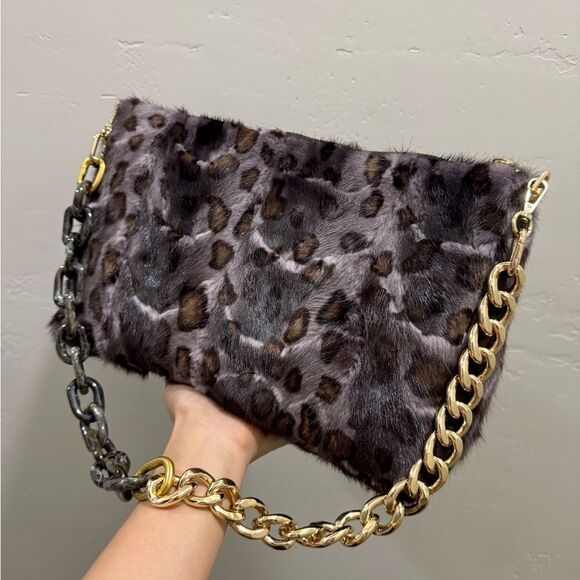 Leopard Real Mink Fur Handmade Large Clutch/Shoulder Bag/Crossbody, Multi Use - Picture 5 of 16